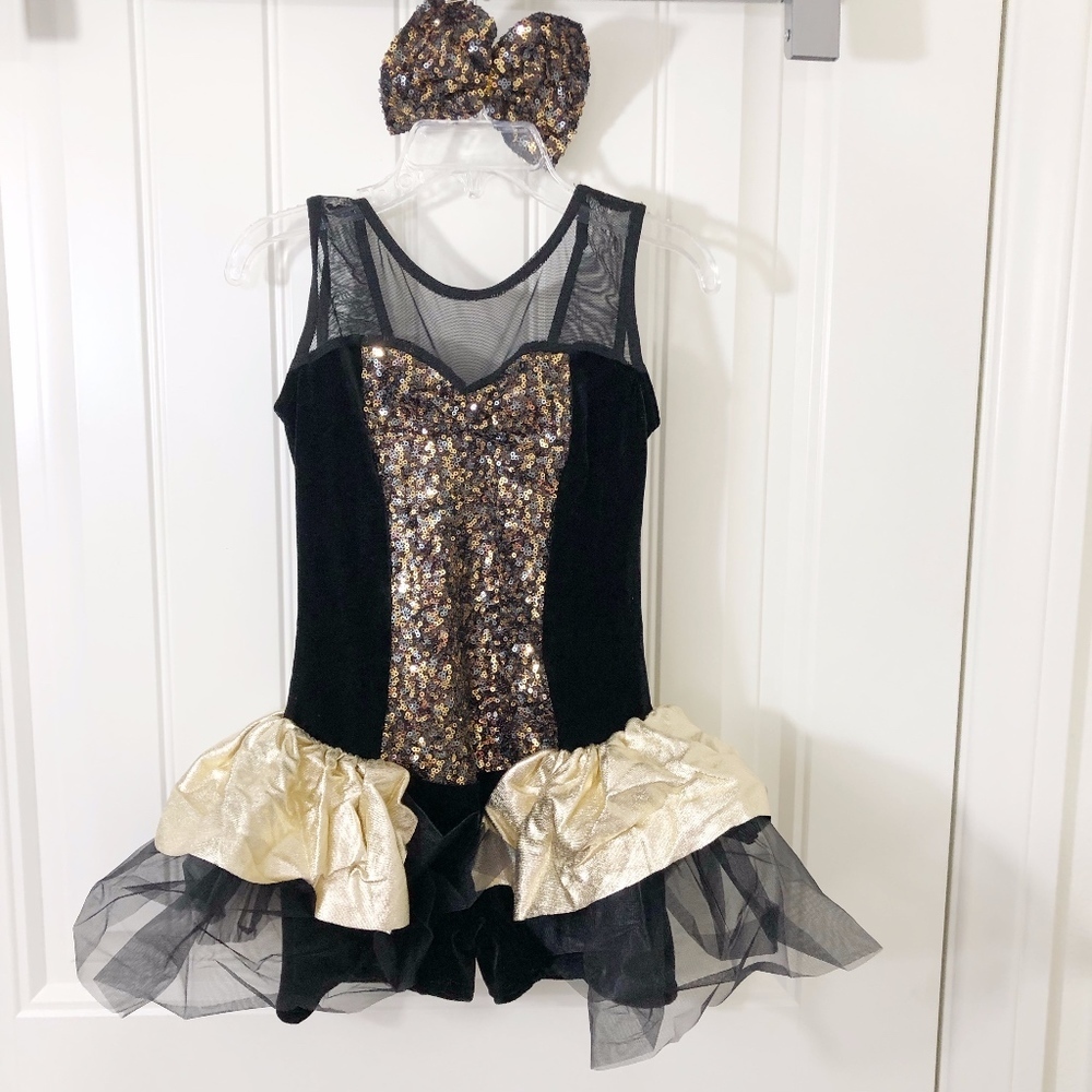 Cicci Black Gold Dance Costume Biketard Tutu NWOT